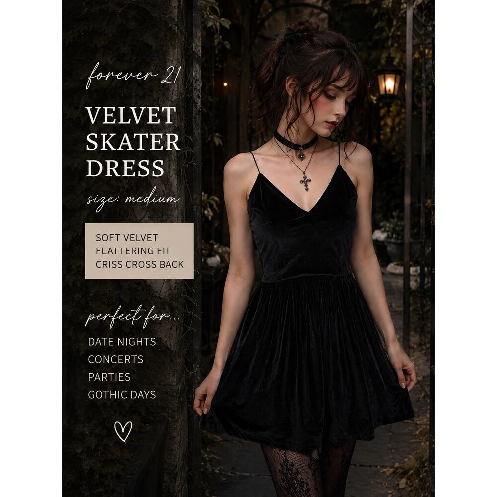FOREVER 21 Black Velvet Skater Dress Medium Crisscross Back Emo Whimsigoth